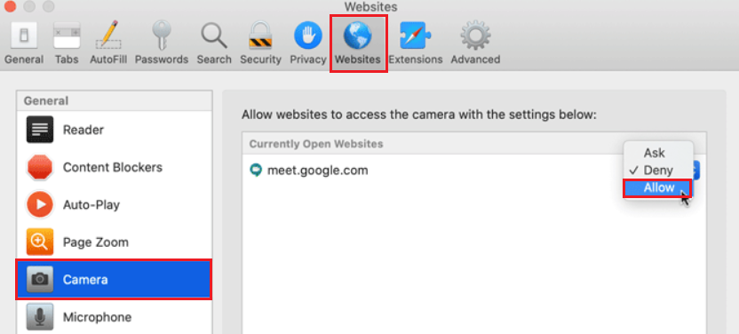 websites in safari settings